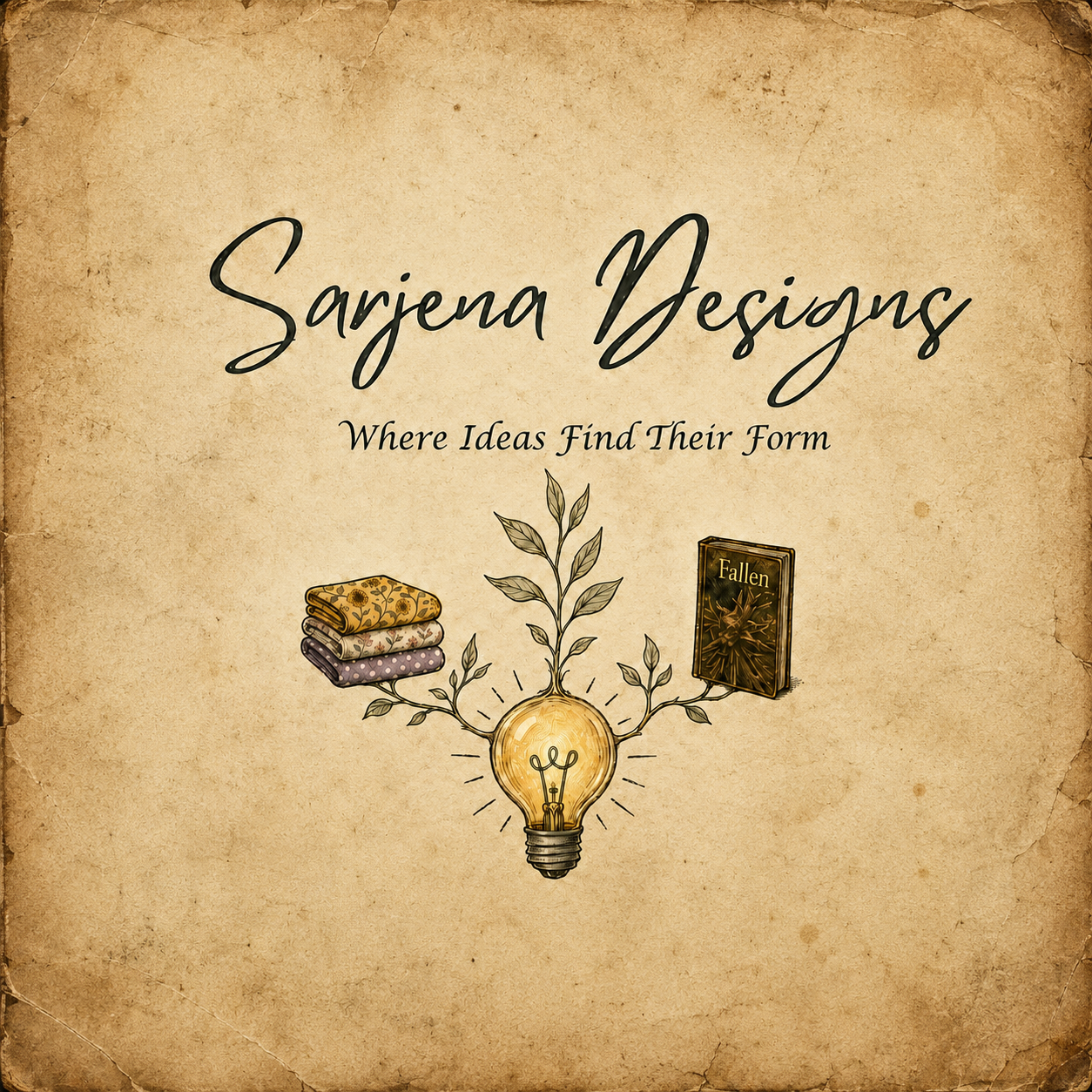 Sarjena Designs — Where Ideas Find Their Form. A sprouting lightbulb carrying a book cover and a stack of patterned fabric, on aged paper.